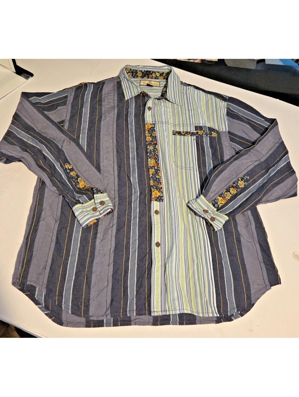 Tommy Bahama 100% Silk Shirt XL Blue Striped Tropical Floral Long Sleeve